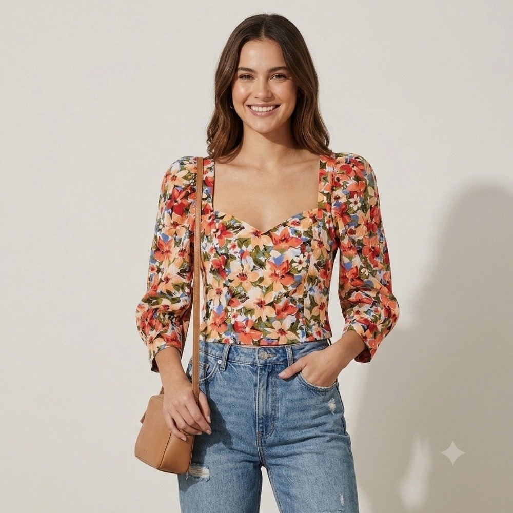 ELA Puff Sleeve Top XS Womens Cropped Orange Floral Sweetheart Neck Garden Party